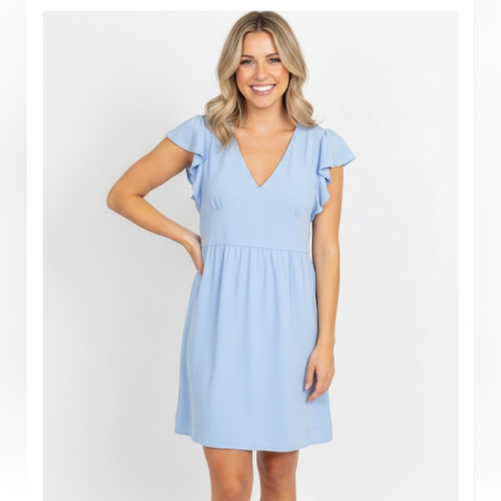 NWT Jade Melody Tan V-Neck Satin Ruffle Sleeve Dress Size‎ Medium Blue